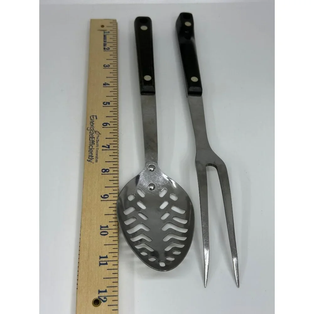 VTG Stainless Carving Set 2 Meat‎ Fork & Slotted Spoon Black Handle 12
